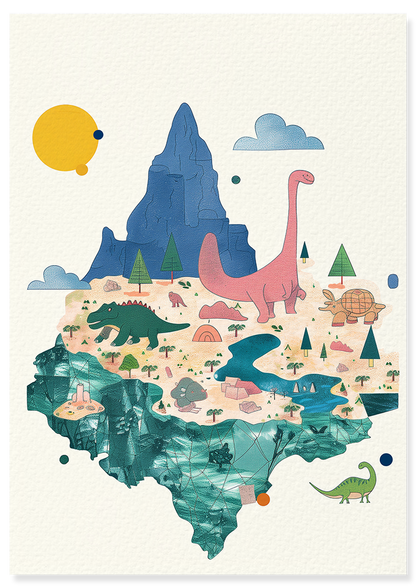 Affiche déco chambre bébé enfant - Dino paysage A - rose bleu