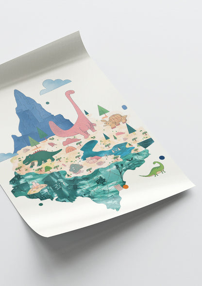 Affiche déco chambre bébé enfant - Dino paysage A - rose bleu