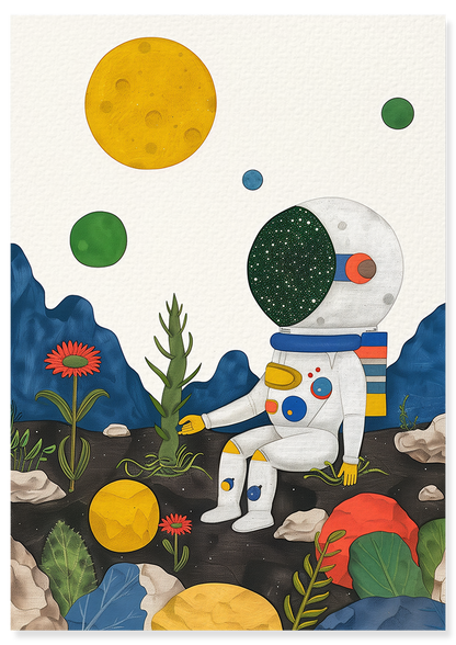 Affiche déco chambre bébé enfant - Cosmonaute plante A - bleu vert