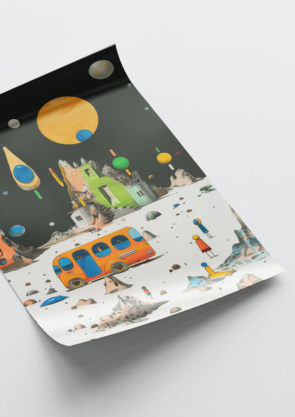 Affiche déco chambre bébé enfant - Cosmos bus C - bleu orange