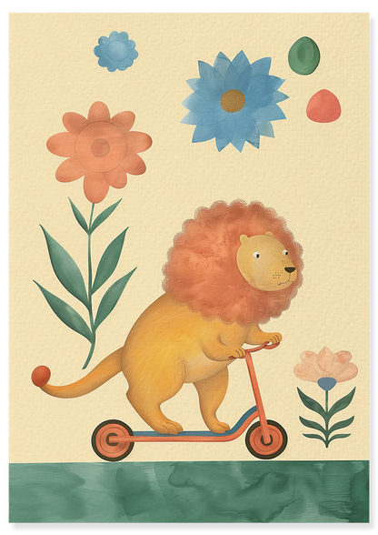 Affiche déco chambre bébé enfant - Trottinette lion A - beige vert