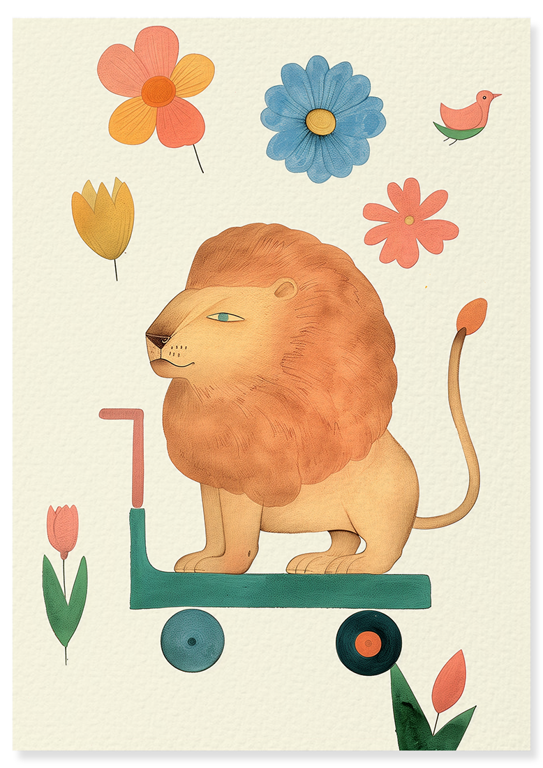 Affiche déco chambre bébé enfant - Trottinette lion B - beige vert