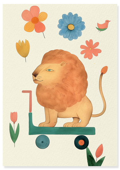 Affiche déco chambre bébé enfant - Trottinette lion B - beige vert