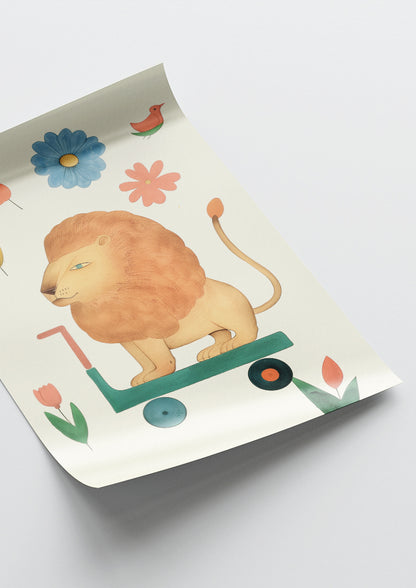Affiche déco chambre bébé enfant - Trottinette lion B - beige vert