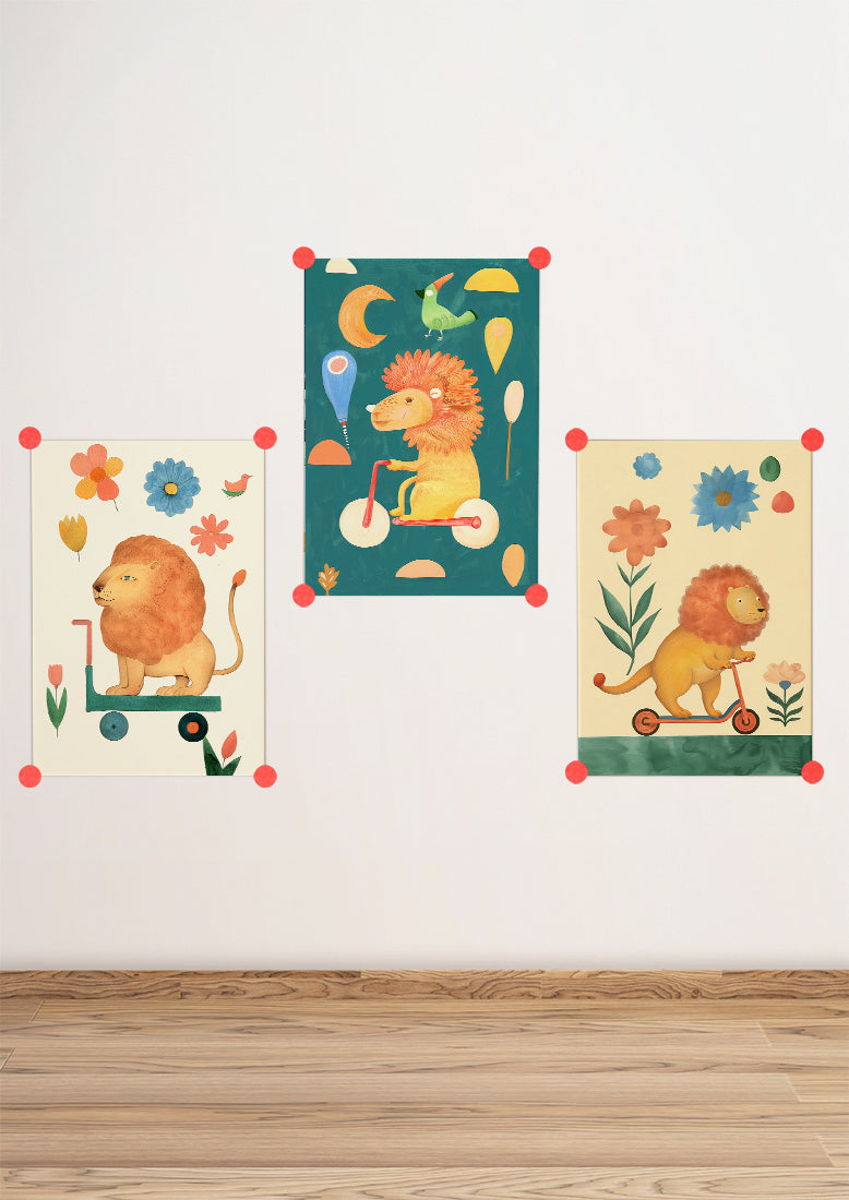 Affiche déco chambre bébé enfant - Trottinette lion B - beige vert