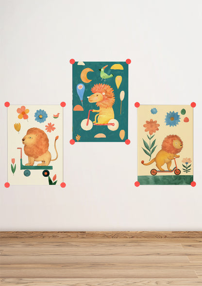 Affiche déco chambre bébé enfant - Trottinette lion B - beige vert