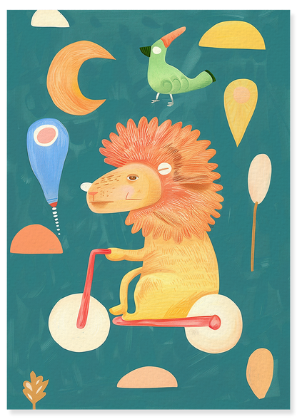 Affiche déco chambre bébé enfant - Trottinette lion C - beige vert