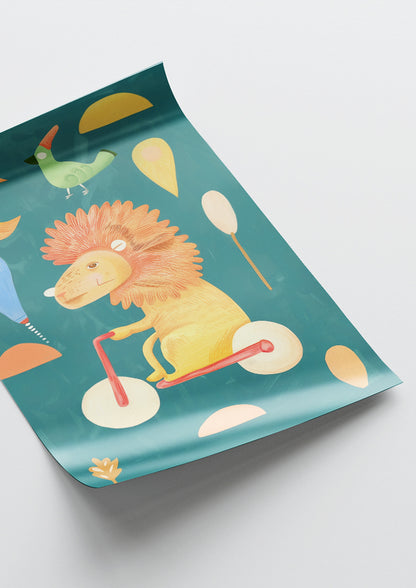 Affiche déco chambre bébé enfant - Trottinette lion C - beige vert