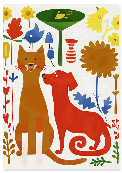 Affiche déco chambre bébé enfant - Chien chat collage A - rouge beige