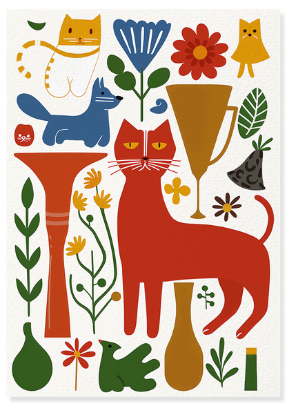 Affiche déco chambre bébé enfant - Chien chat collage B - rouge beige