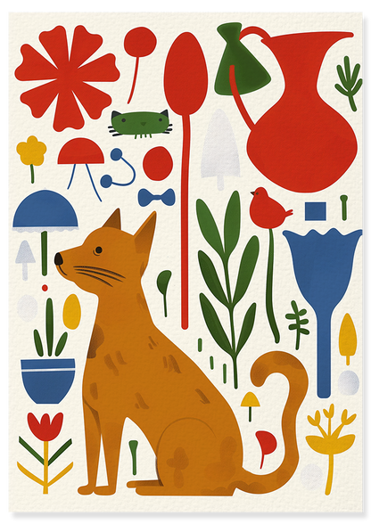 Affiche déco chambre bébé enfant - Chien chat collage C - rouge beige