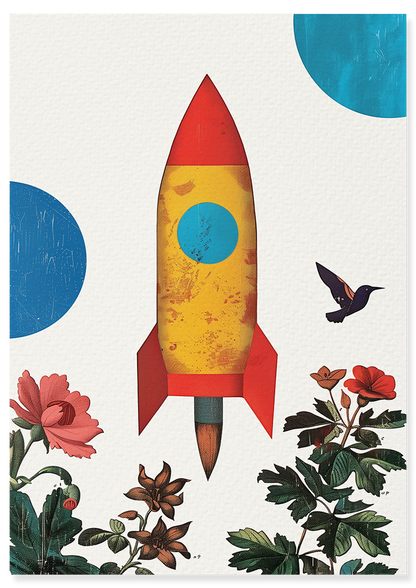 Affiche déco chambre bébé enfant - Fusée jungle B - jaune bleu
