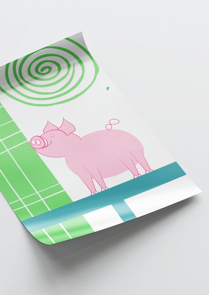 Affiche déco chambre bébé enfant - Cochon école B - vert rose
