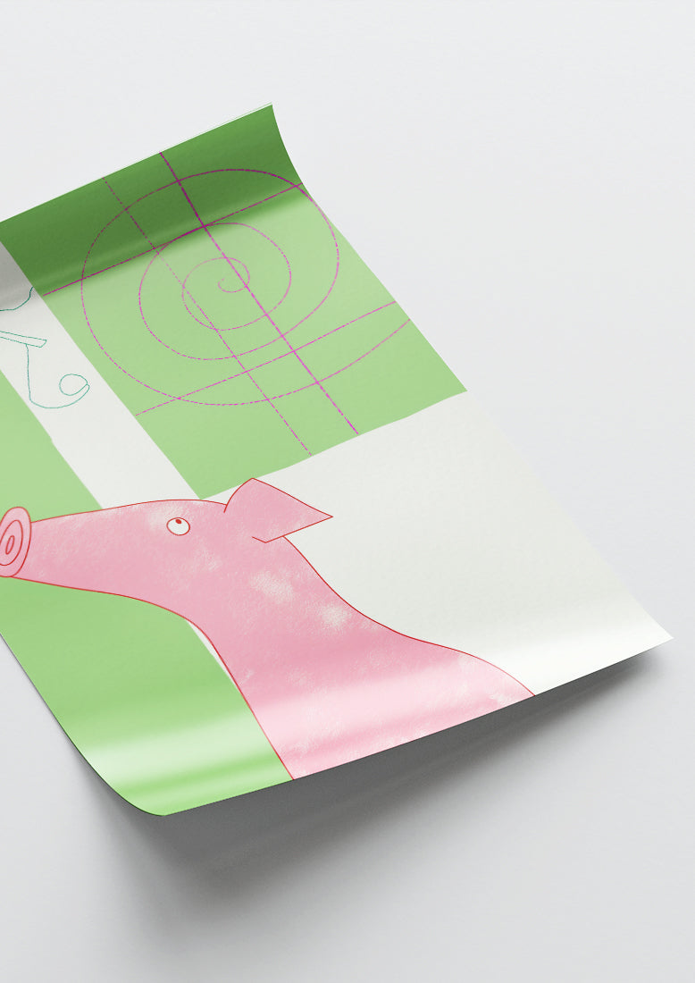 Affiche déco chambre bébé enfant - Cochon école C - vert rose