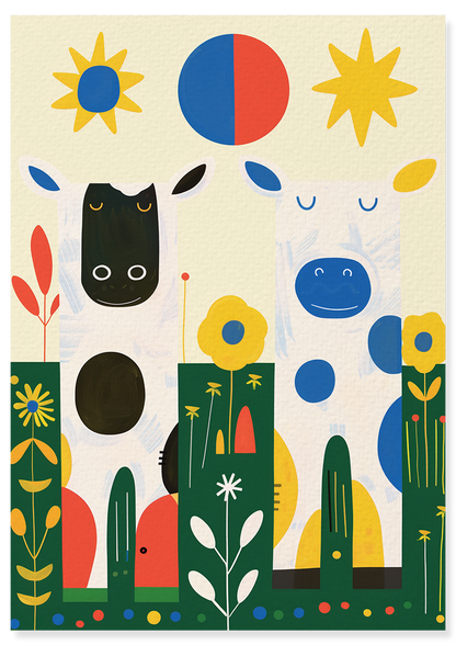 Affiche déco chambre bébé enfant - Vache portrait herbe A - vert jaune
