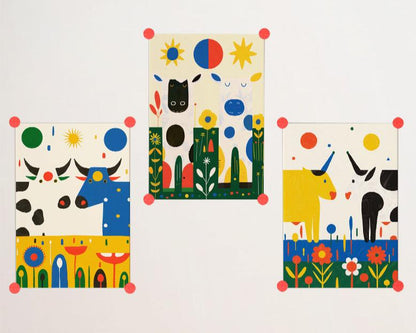 Affiche déco chambre bébé enfant - Vache portrait herbe A - vert jaune