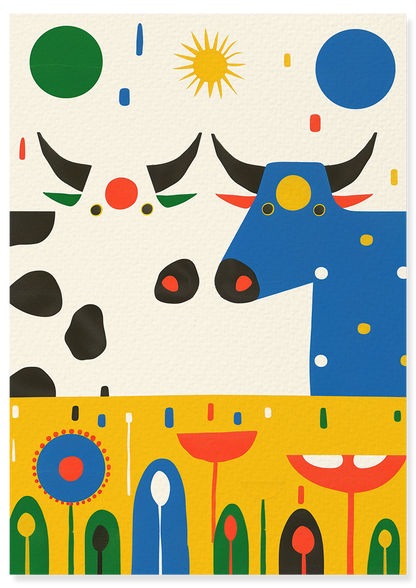 Affiche déco chambre bébé enfant - Vache portrait herbe B - jaune bleu