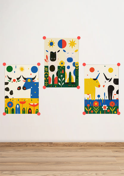 Affiche déco chambre bébé enfant - Vache portrait herbe B - jaune bleu