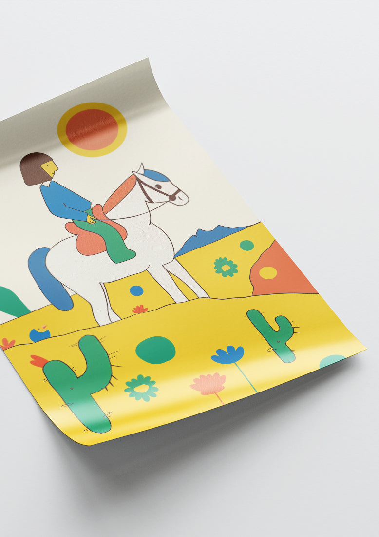 Affiche déco chambre bébé enfant - Cheval équitation couleur B - jaune vert