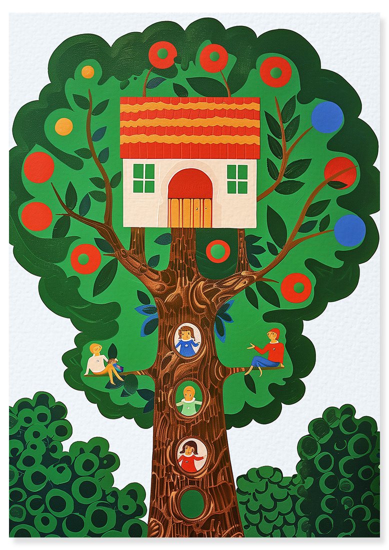 Affiche déco chambre bébé enfant - Arbre Maison - G - Vert Rouge