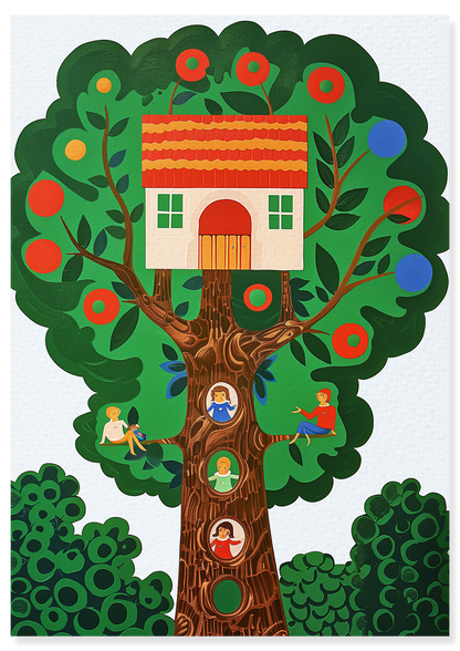 Affiche déco chambre bébé enfant - Arbre Maison - G - Vert Rouge