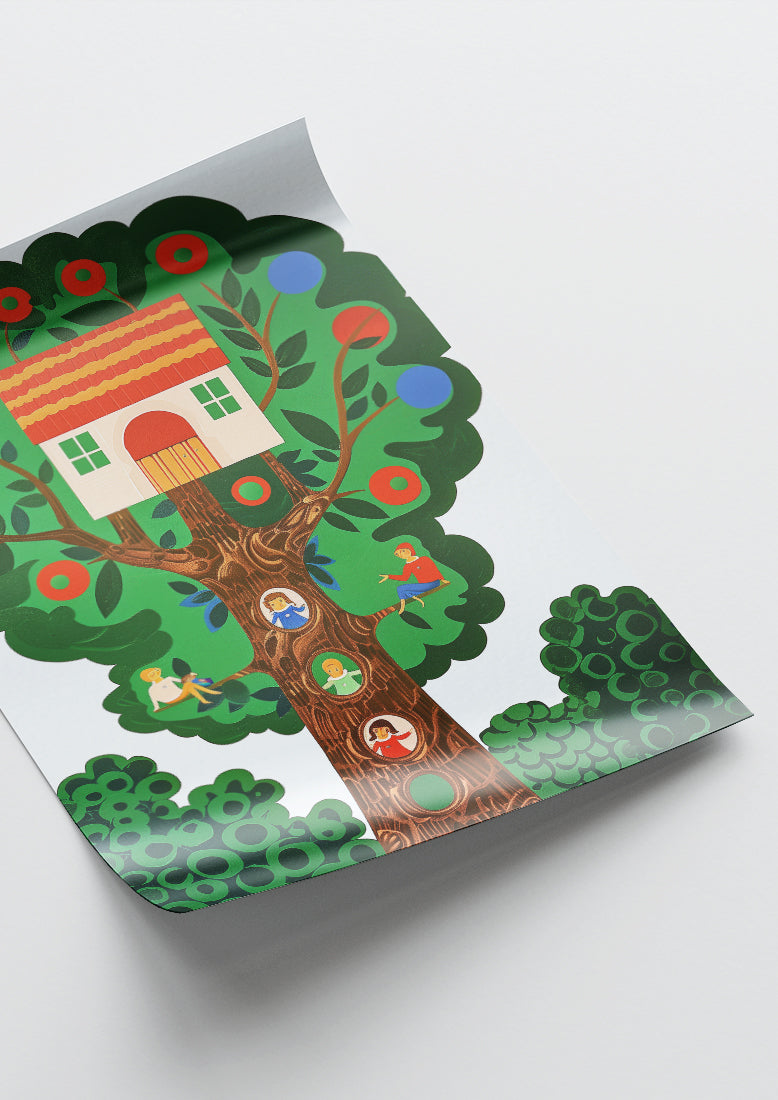 Affiche déco chambre bébé enfant - Arbre Maison - G - Vert Rouge
