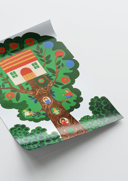 Affiche déco chambre bébé enfant - Arbre Maison - G - Vert Rouge