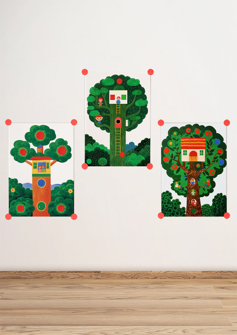 Affiche déco chambre bébé enfant - Arbre Maison - G - Vert Rouge